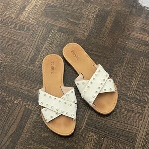 SCHUTZ White Studded Crisscross Slide Sandals
